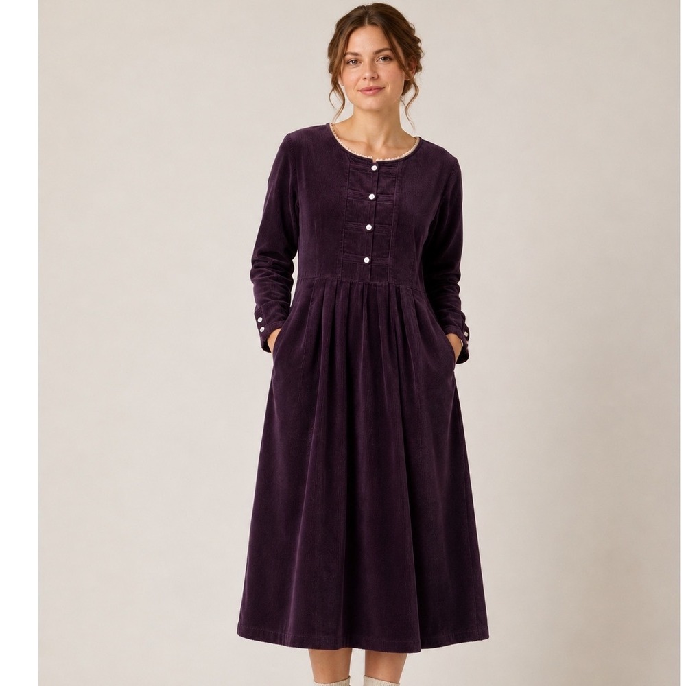 FADS Womens Butter mom Dress Corduroy Midi Dress sz 8 Purple Cottagecore 90s Vtg